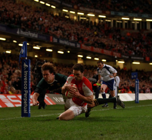 Wales wing George North dives over in the corner, Wales v South Africa, Millennium Stadium, Cardiff, Wales, November 13, 2010