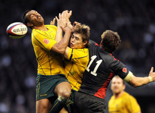 Australia's Kurtley Beale and James O'Connor collide, England v Australia, Twickenham, London, England, November 13, 2010