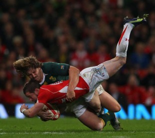 Wales wing Shane Williams is hurled to the ground, Wales v South Africa, Millennium Stadium, Cardiff, Wales, November 13, 2010