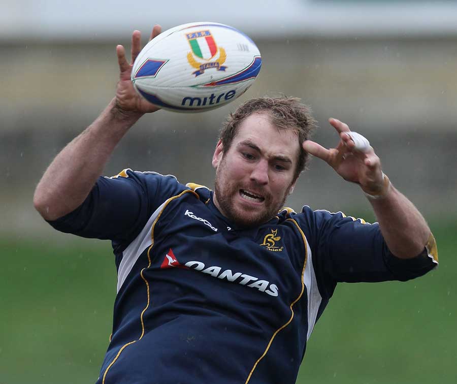 Wallabies captain Rocky Elsom claims the ball in training