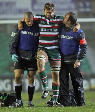 Leicester's Geoff Parling is helped from the field, Leicester Tigers v Harlequins, Aviva Premiership, Welford Road, Leicester, England, November 19, 2010 