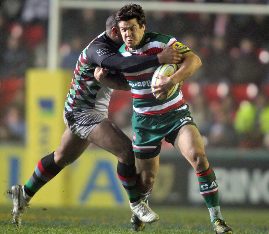 Leicester's Anthony Allen takes on Quins' Jordan Turner-Hall
