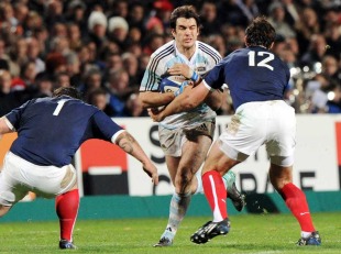 Argentina centre Gonzalo Tiesi is tackled by Yannick Jauzion, France v Argentina, Mosson Stadium, Montpellier, France, November 20, 2010