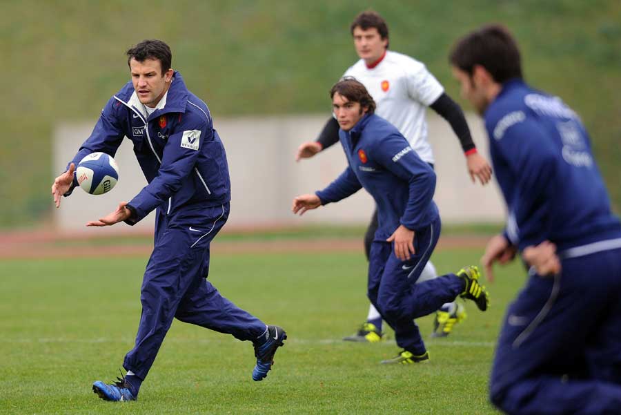 France fly-half Damien Traille leads the line during training