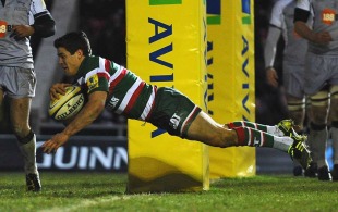 Leicester's Anthony Allen dives over to score, Leicester v Newcastle, Aviva Premiership, Welford Road, Leicester, England, November 27, 2010

