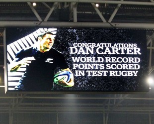 Dan Carter's historic early penalty is acknowledged on the big screen at the Millennium Stadium, Wales v New Zealand, Millennium Stadium, Cardiff, Wales, November 27, 2010 


