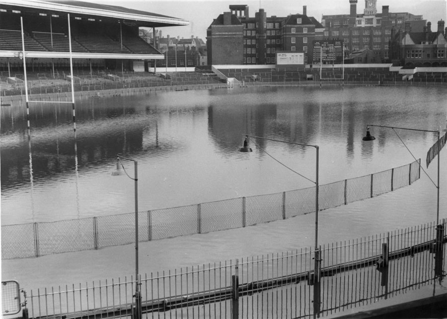Cardiff Arms Park is left flooded after torrential rain