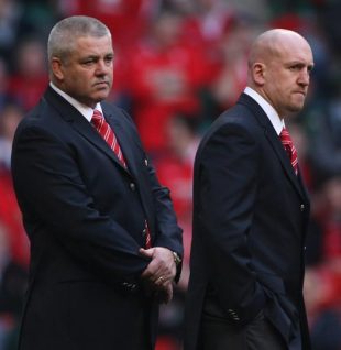 Wales Head Coach Warren Gatland (L) and Assistant Shaun Edwards looks on prior to the Six Nations match between Wales and Scotland at the Millennium Stadium in Cardiff, Wales on February 9, 2008. 