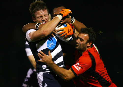 Ed Barnes of Bristol is tackled by Sebastien Fauque of Toulon 