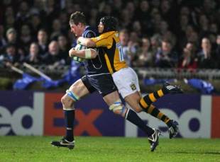 Malcolm O'Kelly is tackled by Danny Cipriani during the Heineken Cup match between Leinster and London Wasps at the RDS Ground in Dublin, Ireland on October 18, 2008. 