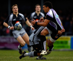 Exeter's Josh Matavesi offloads in the tackle, Exeter v Newcastle, Amlin Challenge Cup, Sandy Park, Exeter, England, December 11, 2010