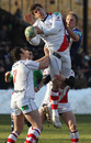 Ulster's Robbie Diack takes the ball under pressure from Lewis Moody
