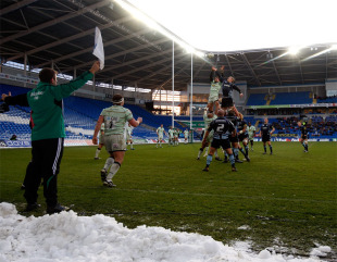 Northampton's Dylan Hartley throws into a lineout at the Cardiff City Stadium
