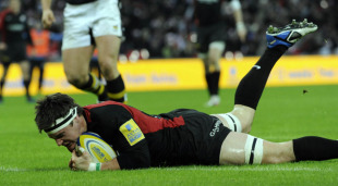 Saracens replacement Andy Saull slides over for the game's opening try, Saracens v London Wasps, Aviva Premiership, Wembley, London, England, December 26, 2010