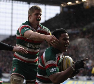 Leicester's Manu Tuilagi celebrates his second try, Leicester v Sale, Aviva Premiership, Welford Road, Leicester, England, December 27, 2010