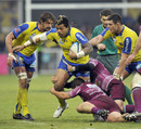 Clermont No.8 Sione Lauaki takes on the Bourgoin defence