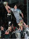 Leicester's Louis Deacon challenges for the lineout ball