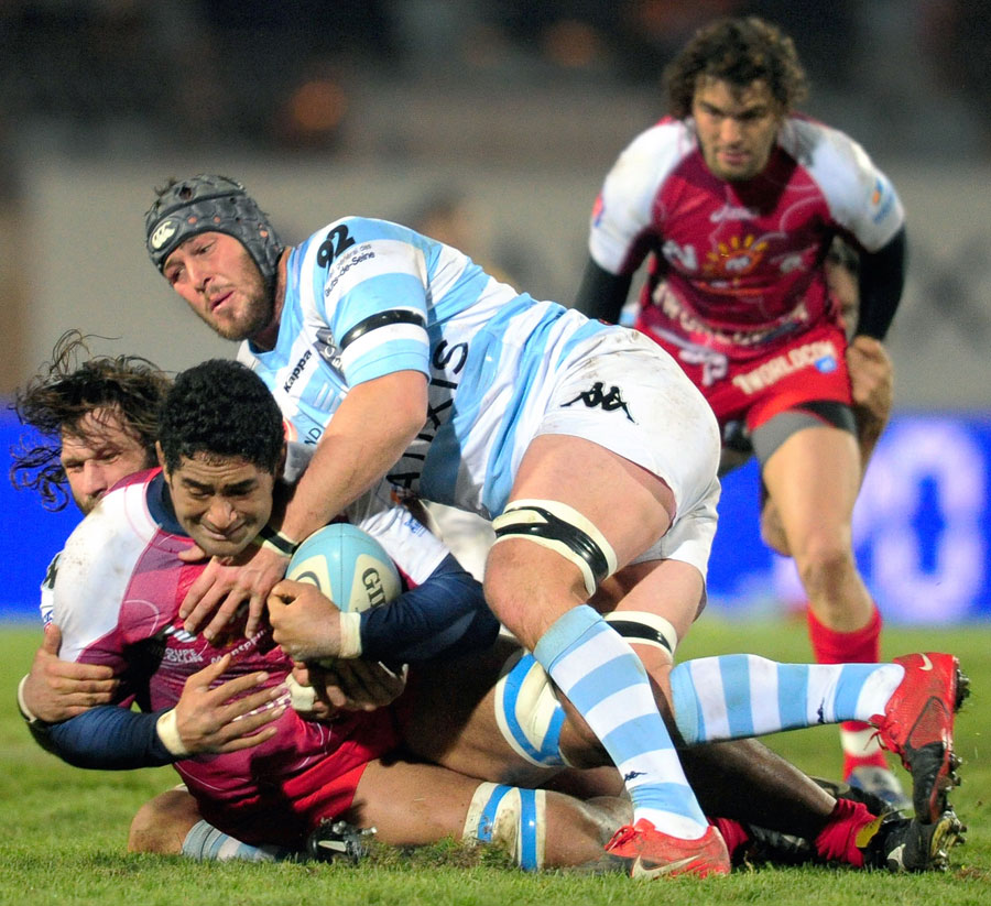 Montpellier prop Juan Figallo is wrestled to the floor