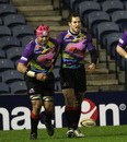 Edinburgh wing Tim Visser is congratulated after his second try