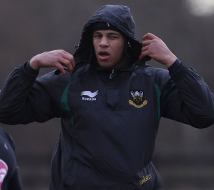 Courtney Lawes shelters from the cold during Northampton training Franklin's Gardens, Northampton, England, January 5, 2011
