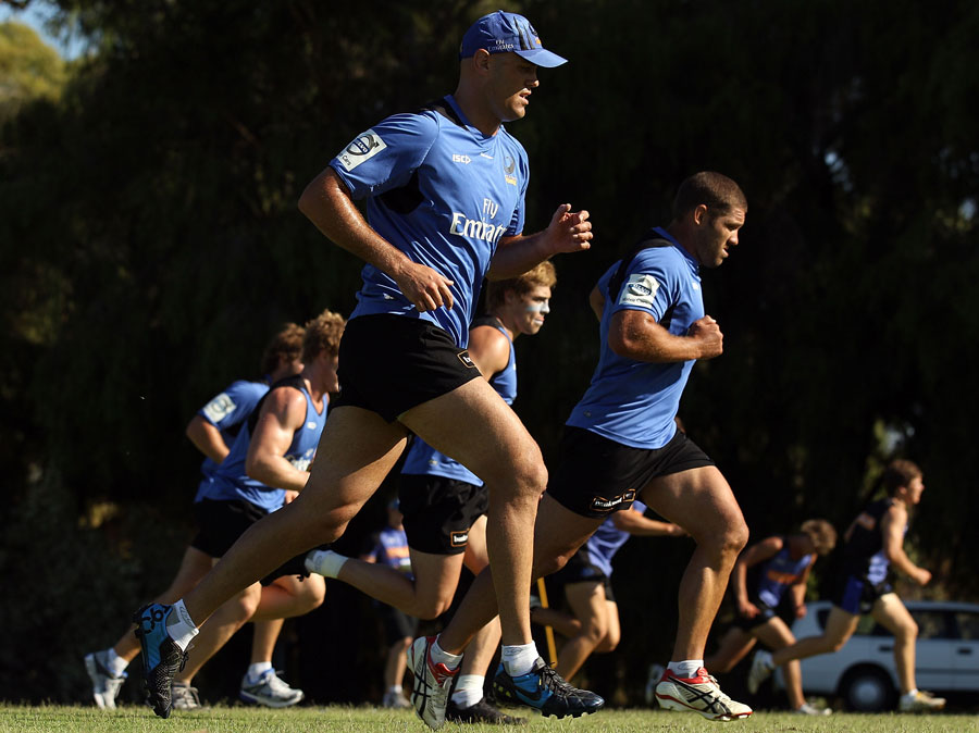 Western Force lock Nathan Sharpe competes in a bleep test during training at UWA Sports Park, Perth, Australia, January 10, 2010
