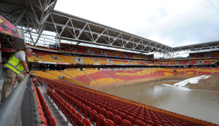 The pitch at Brisbane's Suncorp Stadium is submerged by flood water, Brisbane, Australia, January 12, 2010