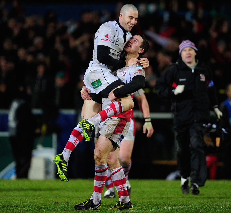 Ulster fly-half Ian Humphreys celebrates his game-winning kick