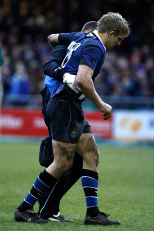 Bath's injured flanker Lewis Moody is helped from the field, Bath v Aironi, Heineken Cup, The Recreation Ground, Bath, England, January 15, 2011