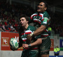 Leicester scrum-half Ben Youngs celebrates his try