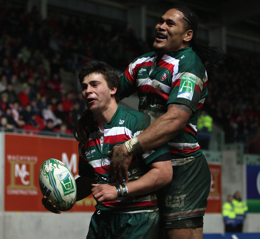 Leicester scrum-half Ben Youngs celebrates his try