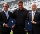 Former All Black Michael Jones flanked by William Hague and Murray McCully