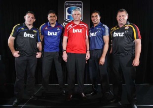 New Zealand Super Rugby coaches - the Highlanders' Mark Hammett, the Highlanders' Jamie Joseph, the Crusaders' Todd Blackadder, the Blues' Pat Lam and the Chiefs' Ian Foster pose at the announcement of the Super Rugby squads, Eden Park, Auckland, New Zealand, November 10, 2010

