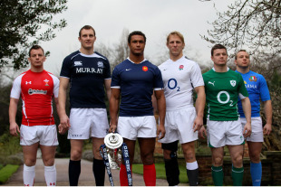 France flanker Thierry Dusautoir poses with the Six Nations trophy and his fellow captains during the tournament launch, the Hurlingham Club, London, England, January 26, 2011