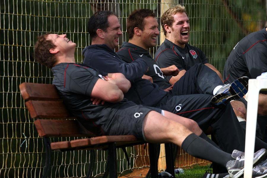 Martin Johnson shares a laugh with his players during England training