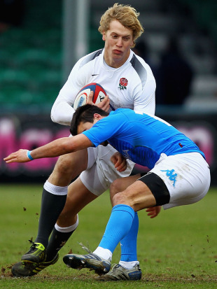 England Saxons' Billy Twelvetrees is tackled, England Saxons v Italy A, Sixways, Worcester, England, January 29, 2011