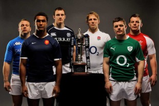 Italy's Leonardo Ghiraldini, France's Thierry Dusautoir, Scotland's Alastair Kellock, England's Lewis Moody, Ireland's Brian O'Driscoll and Wales' Matthew Rees pose with the Six Nations silverware, The Hurlingham Club, London, England, January 26, 2011 