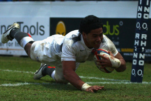 Manu Tuilagi dives in at the corner for England Saxons, England Saxons v Italy A, Sixways, Worcester, England, January 29, 2011