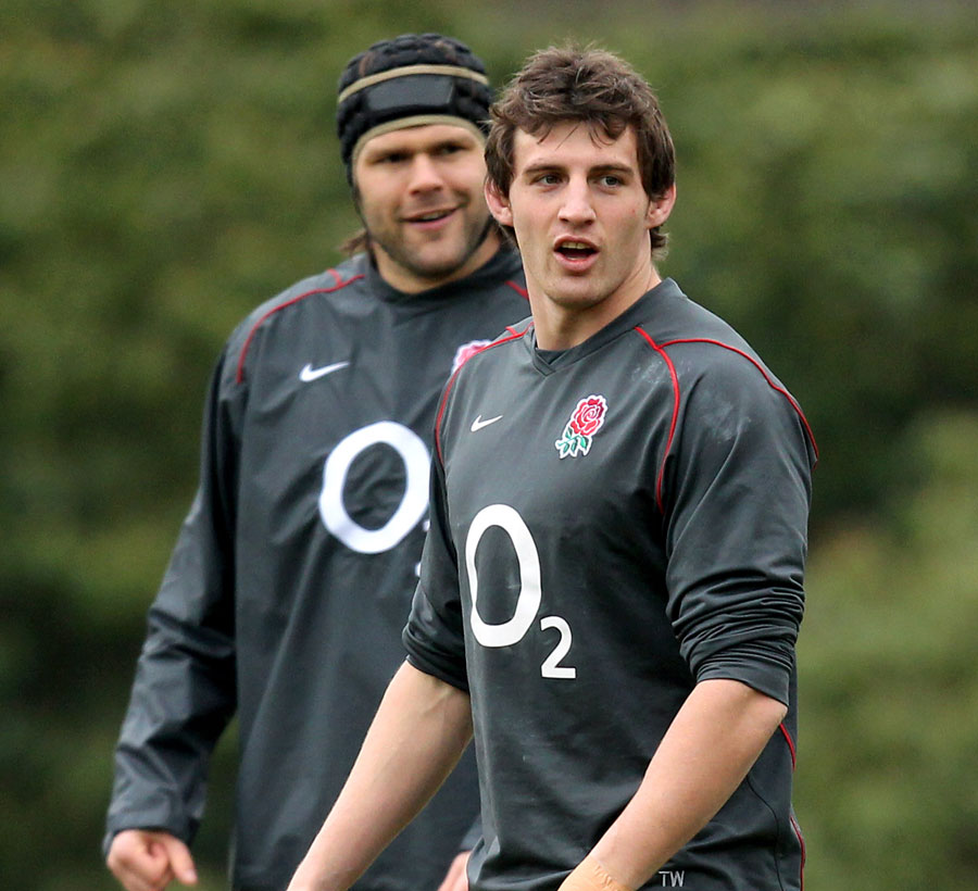 England flanker Tom Wood pauses during training
