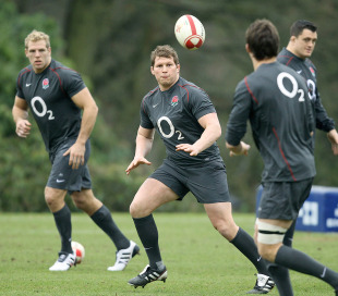 Dylan Hartley receives a pass at an England training session, Pennyhill Park, Bagshot, England, February 2, 2011