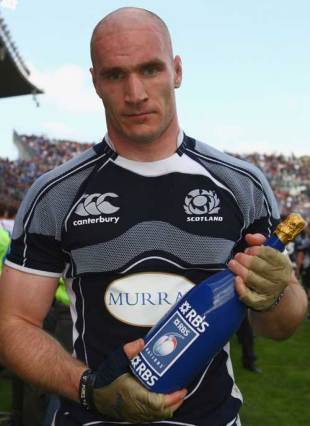 Scotland flanker Alasdair Strokosch poses with the Man of the Match trophy, Italy v Scotland, Six Nations, Stadio Flaminio, March 15 2008