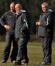 Wales coaches Warren Gatland (r) Shaun Edwards (c) and Robin McBryde