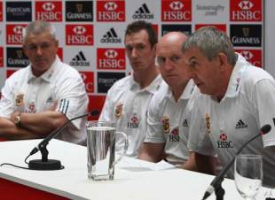 The Lions head coach Ian McGeechan introduces his assistants Shaun Edwards, defence coach, Rob Howley, backs coach and forwards coach Warren Gatland at the annoucement of the coaching staff for the 2009 British and Irish Lions tour of South Africa, at the HSBC offices in Dublin, Ireland on October 22, 2008. 