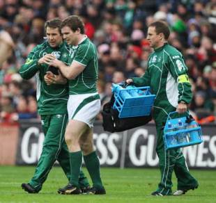 Ireland centre Gordon D'arcy is helped from the field after fracturing his arm, Ireland v Italy, Six Nations, Croke Park, February 2 2008
