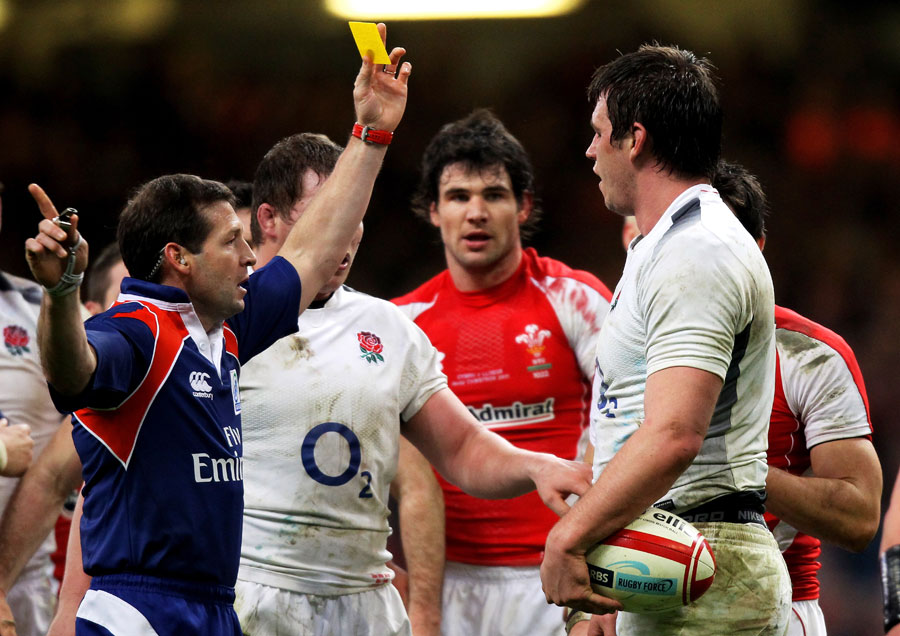 England lock Louis Deacon is yellow carded by Alain Rolland, Wales v England, Six Nations, Millennium Stadium, Cardiff, Wales, February 4, 2011