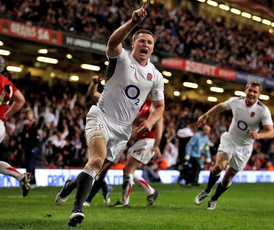 England's Chris Ashton celebrates scoring a try