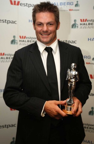 Richie McCaw poses with the New Zealand Sportsman of the Year award, alberg Awards, SkyCity Convention Centre, Auckland, New Zealand, February 10, 2011