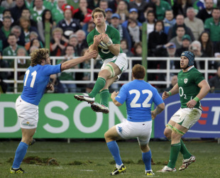 Ireland's Luke Fitzgerald rises for a high ball, Italy v Ireland, Six Nations Championship, Stadio Flaminio, Rome, Italy, February 5, 2011