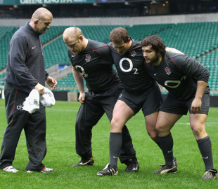 England front row coach Graham Rowntree puts his charges through their paces, England training session, Twickenham Stadium, London, England, February 11, 2011
