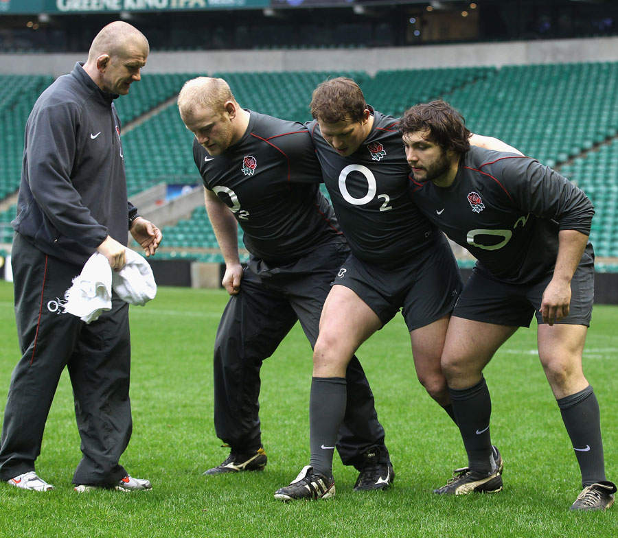 England front row coach Graham Rowntree puts his charges through their paces