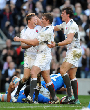 England wing Chris Ashton celebrates his second try with Dylan Hartley and Tom Wood, England v Italy, Six Nations, Twickenham, London, England, February 12, 2011